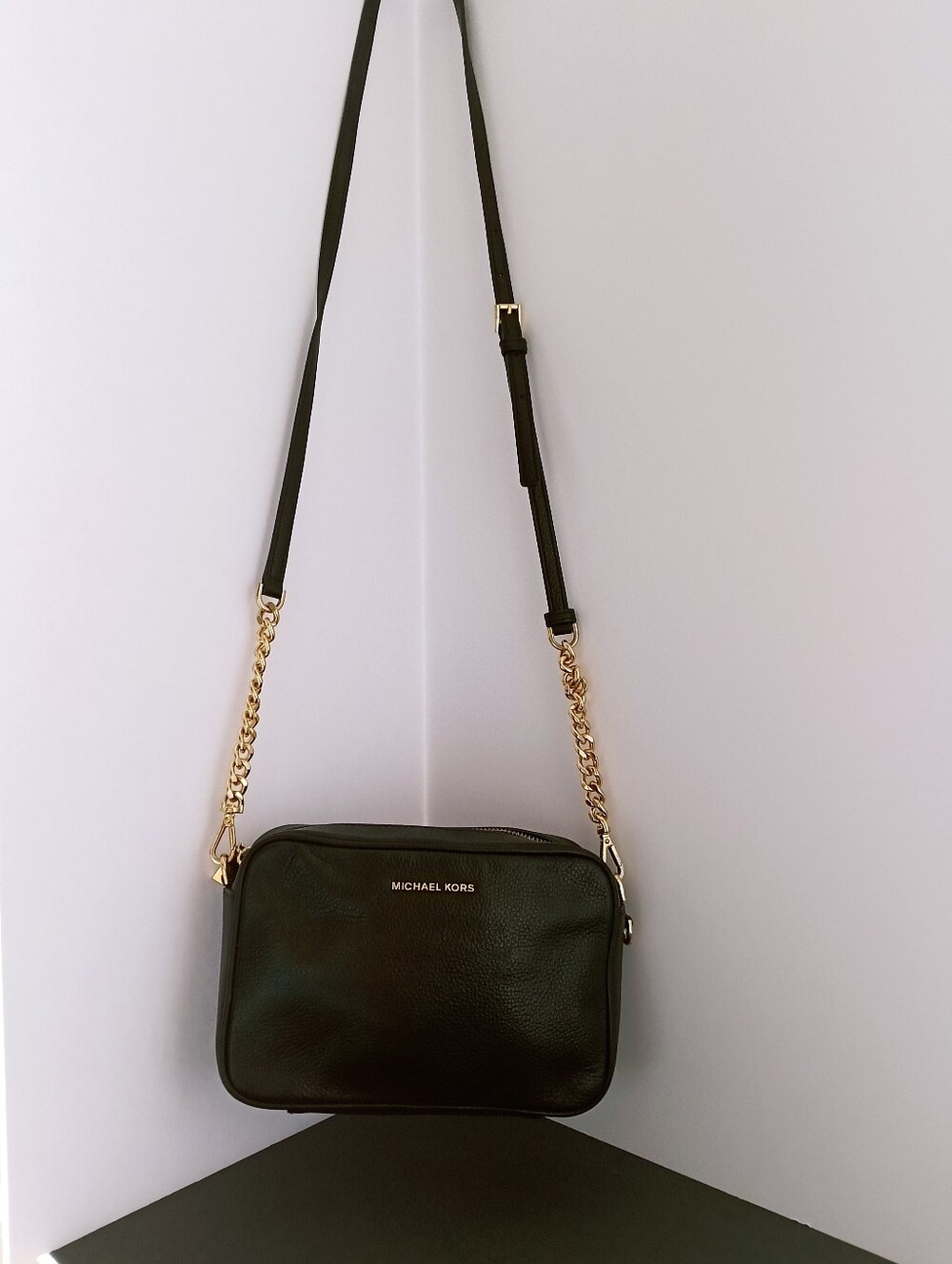 Michael Kors Black Leather Crossbody with Gold Chain Strap